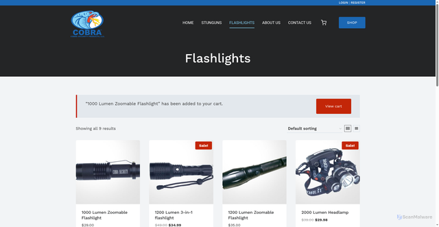 Security scan screenshot of https://cobrasecurityproducts.com/product-category/flashlights/?add-to-cart=313