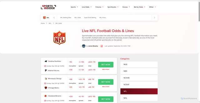 Security scan screenshot of https://www.sportsinsider.com/nfl/odds/