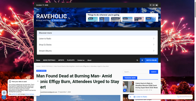 Security scan screenshot of https://raveholic.com/man-found-dead-at-burning-man-amid-iconic-effigy-burn-attendees-urged-to-stay-alert/