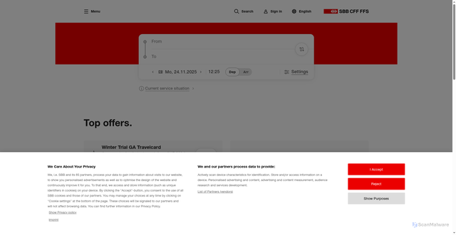 Security scan screenshot of https://www.sbb.ch/en