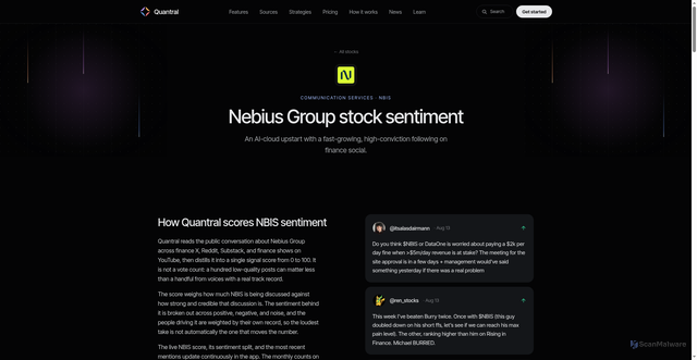 Security scan screenshot of https://quantral.com/stocks/NBIS