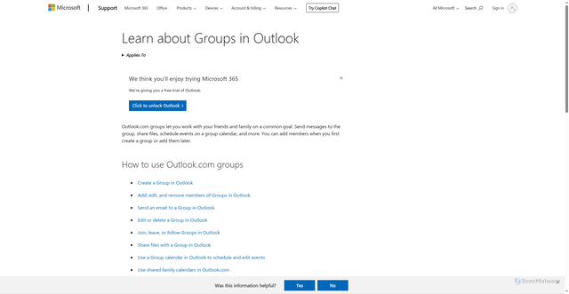 Security scan screenshot of https://support.microsoft.com/en-us/office/learn-about-groups-in-outlook-c8769380-e3df-451c-acc6-eda7835f3b9c