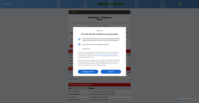Security scan screenshot of https://sporzip.com/mac/samsunspor-galatasaray