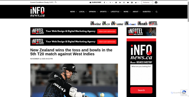 Security scan screenshot of https://infonews.ca/news/7424078/new-zealand-wins-the-toss-and-bowls-in-the-5th-t20-match-against-west-indies/