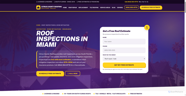 Security scan screenshot of https://miamiroofingflorida.com/roof-inspection-miami/