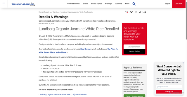 Security scan screenshot of https://www.consumerlab.com/recalls/14975/lundberg-organic-jasmine-white-rice-recalled/