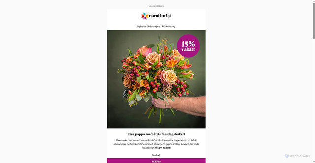 Security scan screenshot of https://e.euroflorist.se/fira-pappa-med-%C3%A5rets-farsdagsbukett?ecid=ACsprvudY9QJUBT3t65lPt3lmo20_ljENfazAVJcOshSGiKVMnFHxctlKoRE_RlE3gMkrRI0Z8ce&utm_campaign=28099934-SE_20251105_Fathers_Day_R_Discount_ALL&utm_source=hs_email&utm_medium=email&utm_content=388402177
