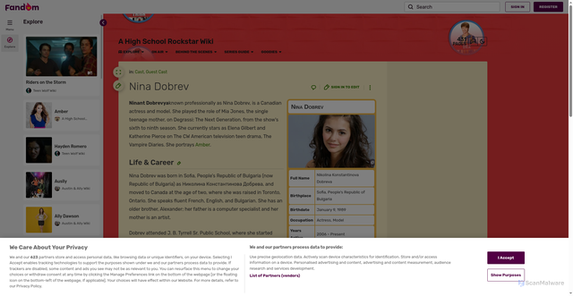 Security scan screenshot of https://ahighschoolrockstar.fandom.com/wiki/Nina_Dobrev