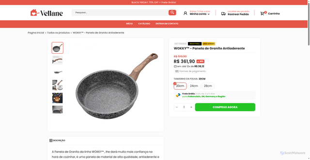 Security scan screenshot of https://lojavelanne.com/products/espessamento-pedra-medica-nao-pau-frigideira-20-28-centimetros-multi-purpose-panqueca-bife-pan-sem-fumaca-use-para-o-gas-do-fogao-da-inducao