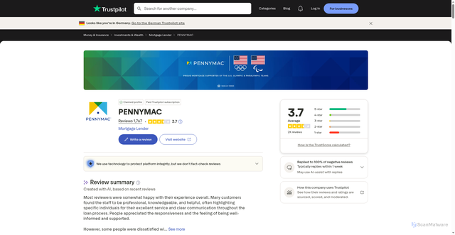 Security scan screenshot of https://ie.trustpilot.com/review/www.pennymac.com?page=2