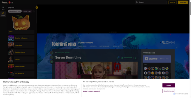 Security scan screenshot of https://fortnite.fandom.com/wiki/Server_Downtime