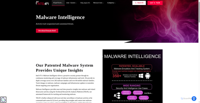 Security scan screenshot of https://www.intel471.com/malware-intelligence
