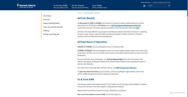 Security scan screenshot of https://www.newarkairport.com/to-from-airport/air-train