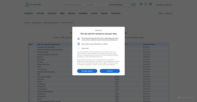 Security scan screenshot of https://www.myvisajobs.com/reports/h1b/