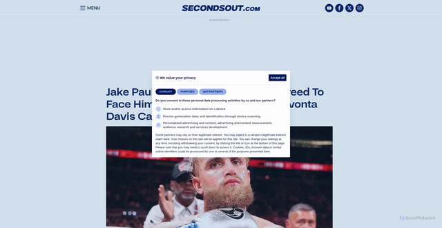Security scan screenshot of https://www.secondsout.com/news/paul-on-who-agreed-to-face-him-after-davis/