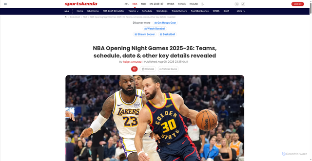Security scan screenshot of https://sportskeeda.biz/basketball/news-nba-opening-night-games-2025-26-teams-schedule-date-key-details-revealed