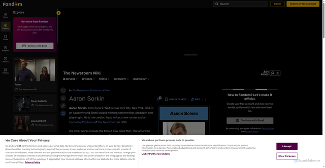 Security scan screenshot of https://thenewsroom.fandom.com/wiki/Aaron_Sorkin