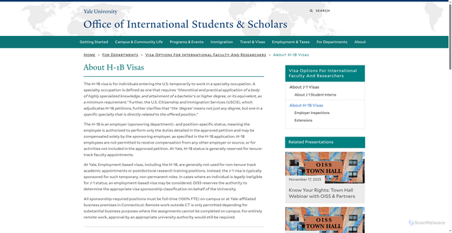 Security scan screenshot of https://oiss.yale.edu/for-departments/visa-options-for-international-faculty-and-researchers/about-h-1b-visas