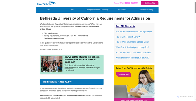 Security scan screenshot of https://www.prepscholar.com/sat/s/colleges/Bethesda-University-of-California-admission-requirements
