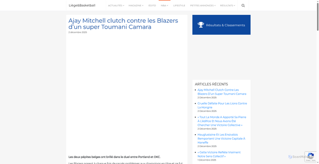 Security scan screenshot of https://www.liege-and-basketball.be/nba/2025/12/02/ajay-mitchell-clutch-contre-les-blazers-dun-super-toumani-camara/
