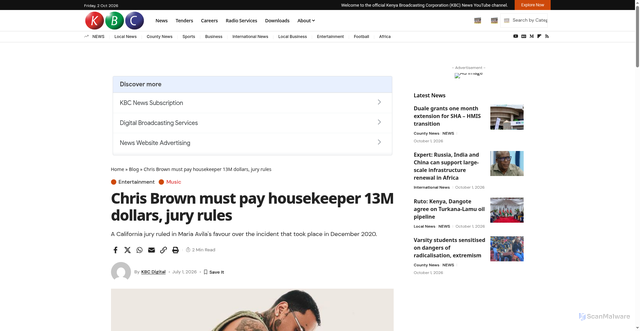 Security scan screenshot of https://www.kbc.co.ke/chris-brown-must-pay-housekeeper-13m-dollars-jury-rules/