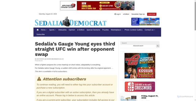 Security scan screenshot of http://www.sedaliademocrat.com/stories/sedalias-gauge-young-eyes-third-straight-ufc-win-after-opponent-swap,53922