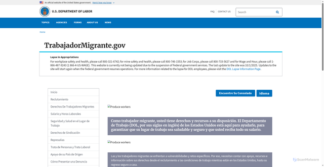 Security scan screenshot of https://trabajadormigrante.gov/