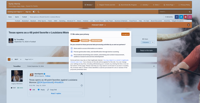Security scan screenshot of https://www.surlyhorns.com/board/topic/37800-texas-opens-as-a-48-point-favorite-v-louisiana-monroe/