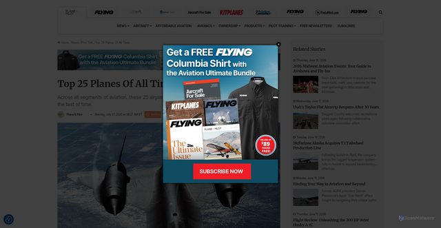Security scan screenshot of https://planeandpilotmag.com/top-10-planes-of-all-time-warning-this-list-goes-to-11/