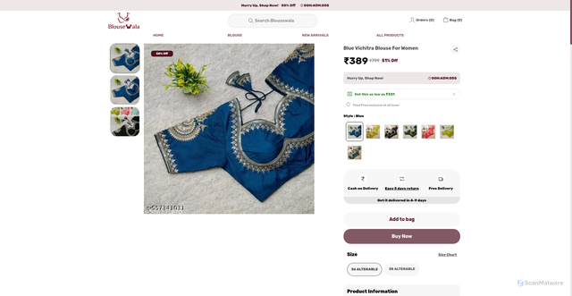 Security scan screenshot of https://blousewala.shop/Blue-Vichitra-Blouse-For-Women/catalogue/ADcCFgLh/JrxrkM7c