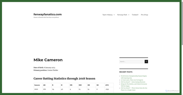 Security scan screenshot of https://www.fenwayfanatics.com/player/mike-cameron/