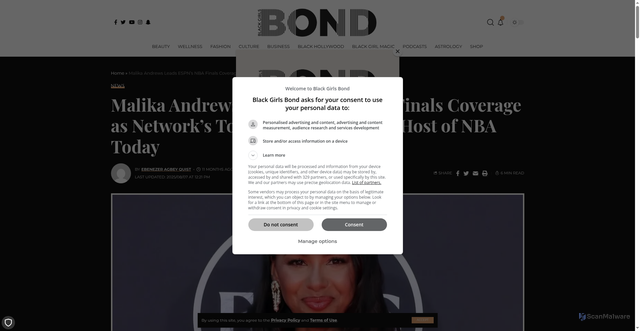 Security scan screenshot of https://blackgirlsbond.com/malika-andrews-leads-espns-nba-finals-coverage-as-networks-top-nba-reporter-and-host-of-nba-today/