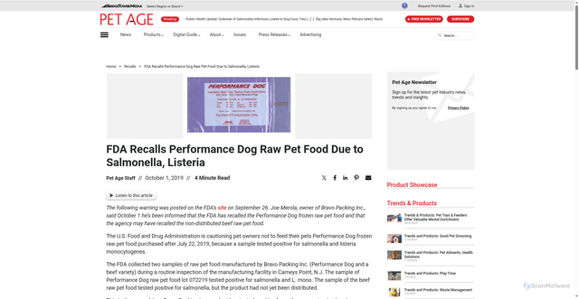Security scan screenshot of https://www.petage.com/fda-recalls-performance-dog-raw-pet-food-due-to-salmonella-listeria/