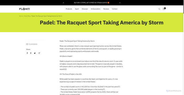 Security scan screenshot of https://floky.us/blogs/floky-blog/padel-the-racquet-sport-taking-america-by-storm?srsltid=AU7gw4U_xyvwEmd1kMvsbRC9WGnjxbHu7KWmBDU6kjxybSii-viwaCK2