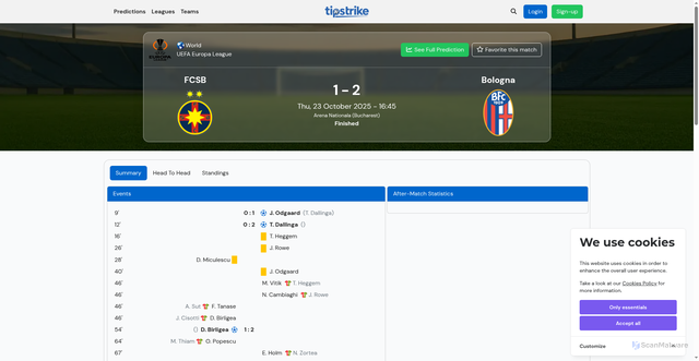 Security scan screenshot of https://tipstrike.com/match/fcsb-vs-bologna