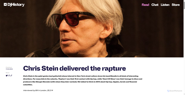 Security scan screenshot of https://djhistory.com/read/chris-stein-delivered-the-rapture/
