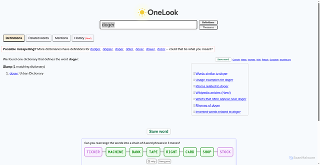 Security scan screenshot of https://onelook.com/?loc=olthes1&w=doger