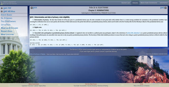 Security scan screenshot of https://www.mainelegislature.org/legis/statutes/21-a/title21-Asec441.html