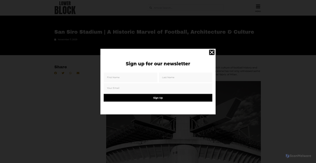Security scan screenshot of https://lowerblock.com/articles/san-siro-stadium-a-historic-marvel-of-football-architecture-culture/?srsltid=AfmBOoqCVLaFnlQOpBqZ0p5OzvKV04_5oNKBvglgVvWytV5rst6dDFX3