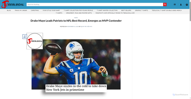 Security scan screenshot of https://teeslocal.com/2025/11/14/drake-maye-leads-patriots-nfl-best-record-emerges-mvp-contender/?srsltid=AfmBOopfucJFuiWZzcewNMtp0iMR3qre9EWNUfYEp5rJxQ8VFLJf8LLO