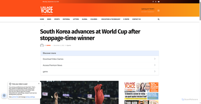 Security scan screenshot of https://villagevoicenews.com/2022/12/02/south-korea-advances-at-world-cup-after-stoppage-time-winner/