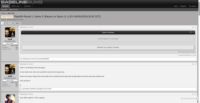 Security scan screenshot of https://baselinebums.com/threads/playoffs-round-1-game-3-blazers-vs-spurs-1-1-fri-04-26-2026-9-30-cdt.563/