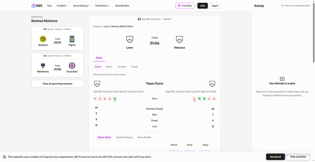 Security scan screenshot of https://andysbetclub.co.uk/football-fixtures/leon-v-necaxa/01032026/019c9218-9097-7073-b7b2-ddd073e6e17b/stats/team/