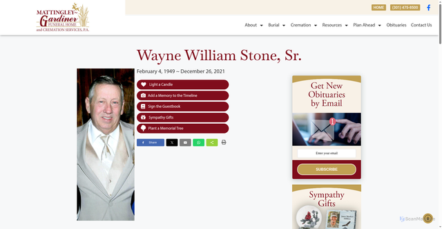 Security scan screenshot of https://mgfh.com/obits/wayne-william-stone-sr/