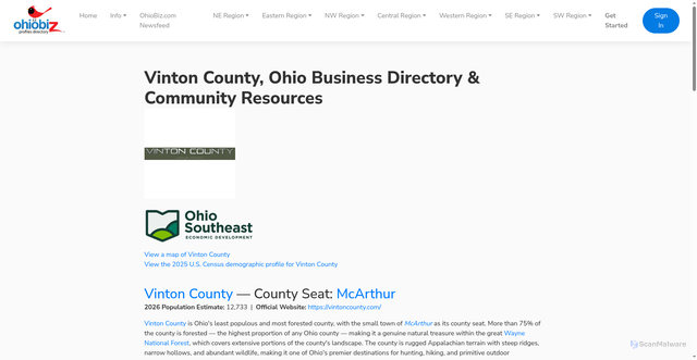 Security scan screenshot of https://www.ohiobiz.com/listings/vinton-county