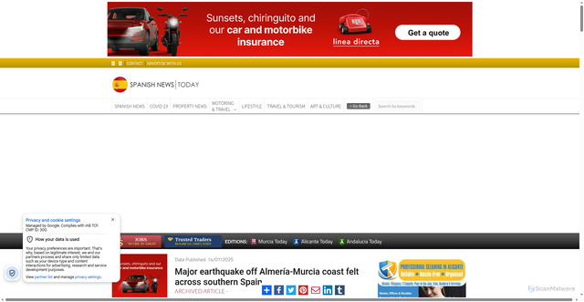 Security scan screenshot of https://spanishnewstoday.com/major_earthquake_off_almera_a_murcia_coast_felt_across_southern_spain_1000223430-a.html