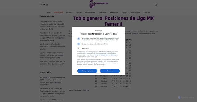 Security scan screenshot of https://www.espartanasmx.com/estadisticas-liga-femenil-mx/tabla-general-liga-mx-femenil
