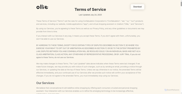 Security scan screenshot of http://olliemeal.com/terms-of-service/index.html