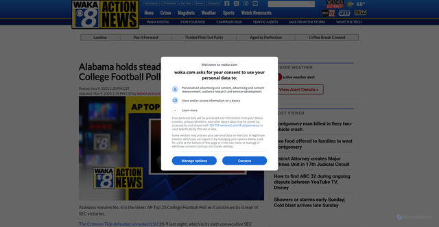 Security scan screenshot of https://www.waka.com/2025/11/09/alabama-holds-steady-at-no-4-in-ap-top-25-college-football-poll/