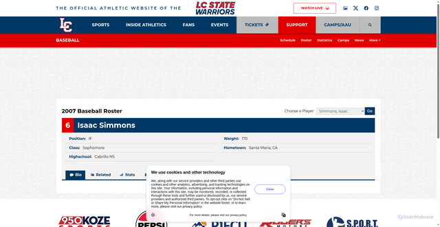 Security scan screenshot of https://lcwarriors.com/sports/baseball/roster/isaac-simmons/1586
